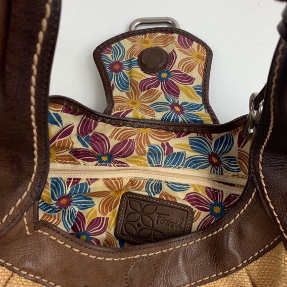 Fossil Hobo Tweed Leather Bag Light Dark Brown Floral Lining silver buckle - Picture 10 of 16